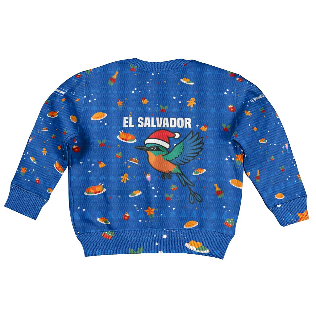 El Salvador Christmas Kid Ugly Christmas Sweater with Santa Hat Motmot Bird Traditional Foods and Blue Festive Pattern Design - Wonder Print Shop
