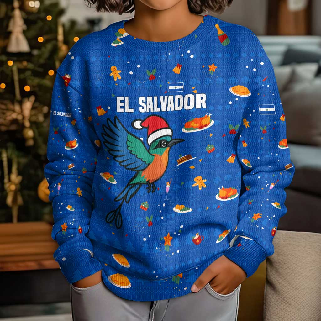El Salvador Christmas Kid Ugly Christmas Sweater with Santa Hat Motmot Bird Traditional Foods and Blue Festive Pattern Design - Wonder Print Shop