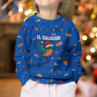 El Salvador Christmas Kid Ugly Christmas Sweater with Santa Hat Motmot Bird Traditional Foods and Blue Festive Pattern Design - Wonder Print Shop