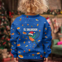 El Salvador Christmas Kid Ugly Christmas Sweater with Santa Hat Motmot Bird Traditional Foods and Blue Festive Pattern Design - Wonder Print Shop