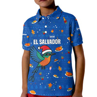 El Salvador Christmas Kid Polo Shirt with Santa Hat Motmot Bird Traditional Foods and Blue Festive Pattern Design - Wonder Print Shop