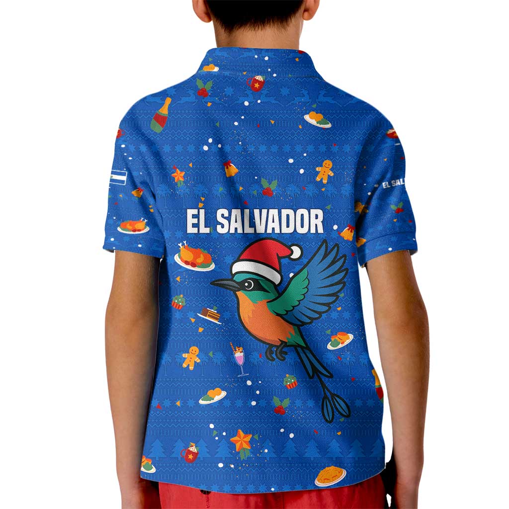 El Salvador Christmas Kid Polo Shirt with Santa Hat Motmot Bird Traditional Foods and Blue Festive Pattern Design - Wonder Print Shop