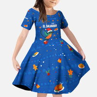 El Salvador Christmas Kid Short Sleeve Dress with Santa Hat Motmot Bird Traditional Foods and Blue Festive Pattern Design - Wonder Print Shop