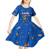 El Salvador Christmas Kid Short Sleeve Dress with Santa Hat Motmot Bird Traditional Foods and Blue Festive Pattern Design - Wonder Print Shop
