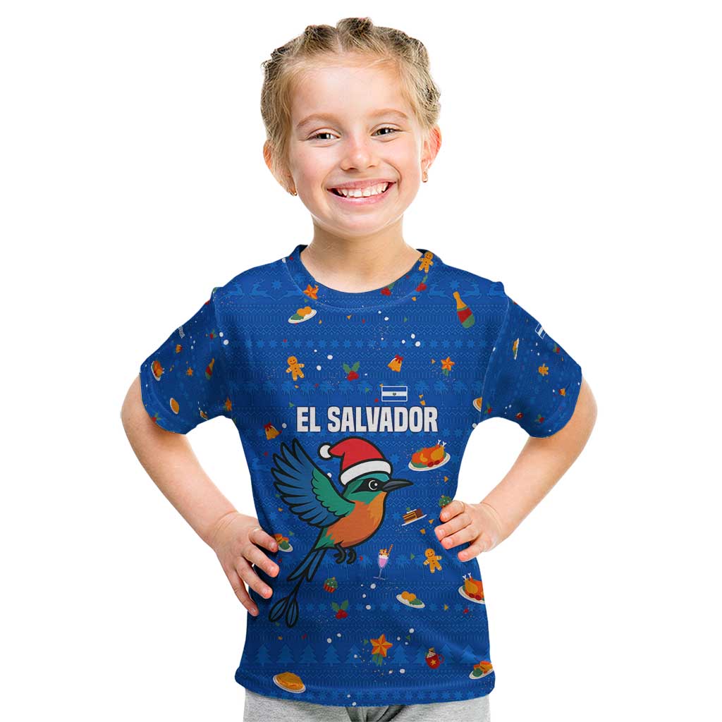 El Salvador Christmas Kid T Shirt with Santa Hat Motmot Bird Traditional Foods and Blue Festive Pattern Design - Wonder Print Shop