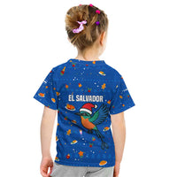 El Salvador Christmas Kid T Shirt with Santa Hat Motmot Bird Traditional Foods and Blue Festive Pattern Design - Wonder Print Shop