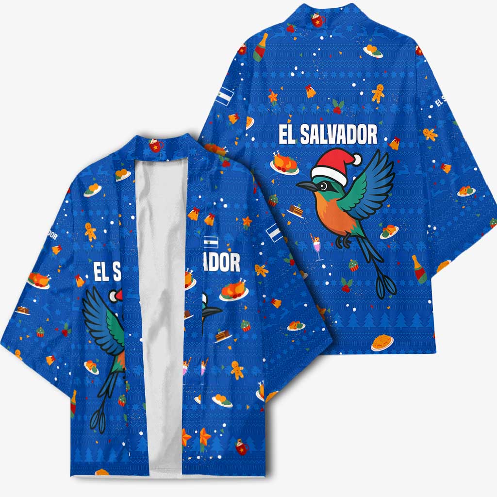 El Salvador Christmas Kimono with Santa Hat Motmot Bird Traditional Foods and Blue Festive Pattern Design - Wonder Print Shop