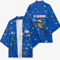 El Salvador Christmas Kimono with Santa Hat Motmot Bird Traditional Foods and Blue Festive Pattern Design - Wonder Print Shop