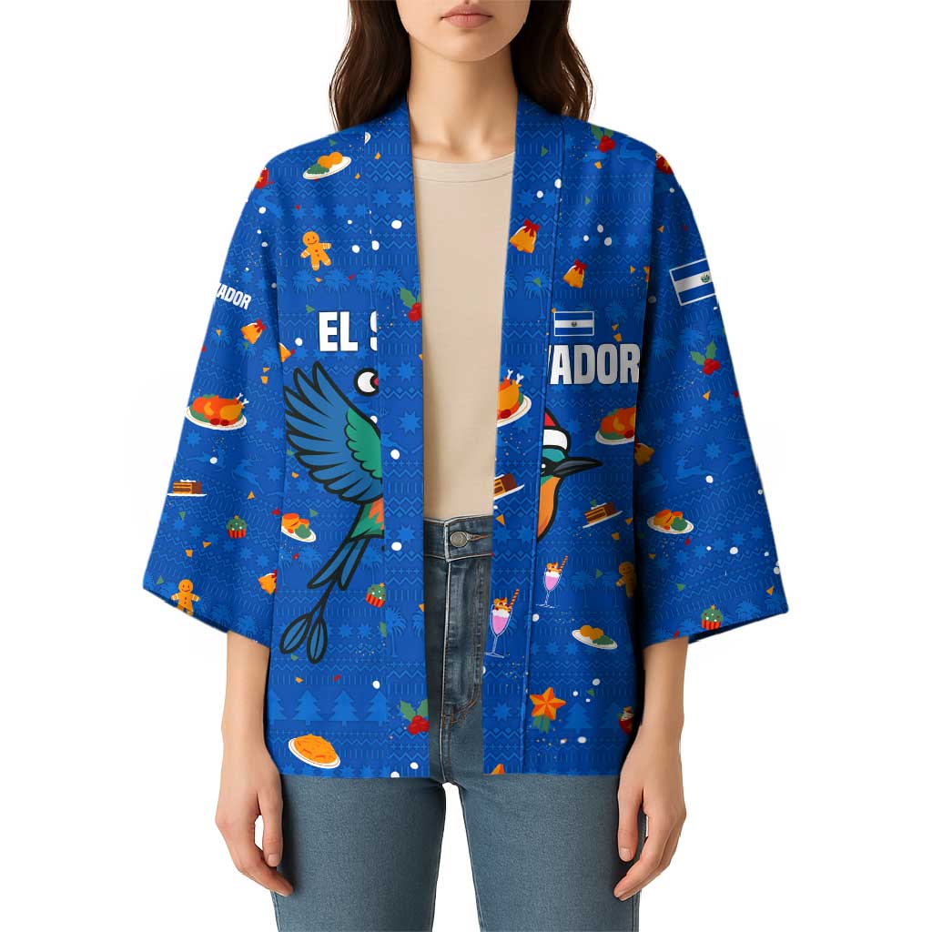 El Salvador Christmas Kimono with Santa Hat Motmot Bird Traditional Foods and Blue Festive Pattern Design - Wonder Print Shop