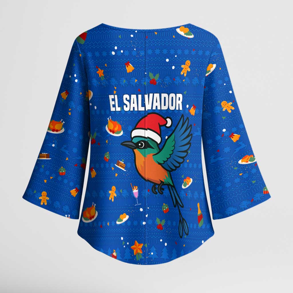 El Salvador Christmas Kimono Sleeve Blouse with Santa Hat Motmot Bird Traditional Foods and Blue Festive Pattern Design - Wonder Print Shop