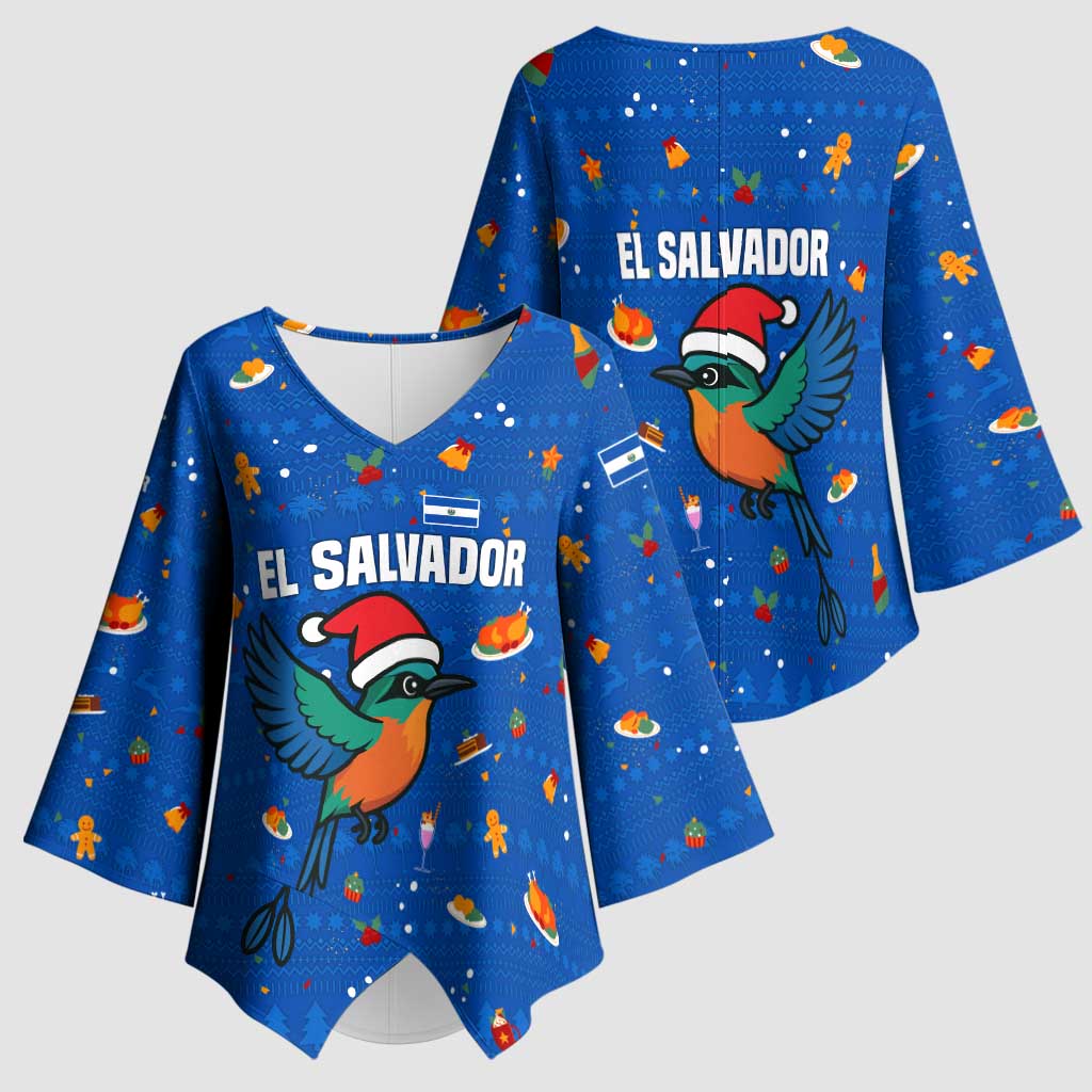 El Salvador Christmas Kimono Sleeve Blouse with Santa Hat Motmot Bird Traditional Foods and Blue Festive Pattern Design - Wonder Print Shop