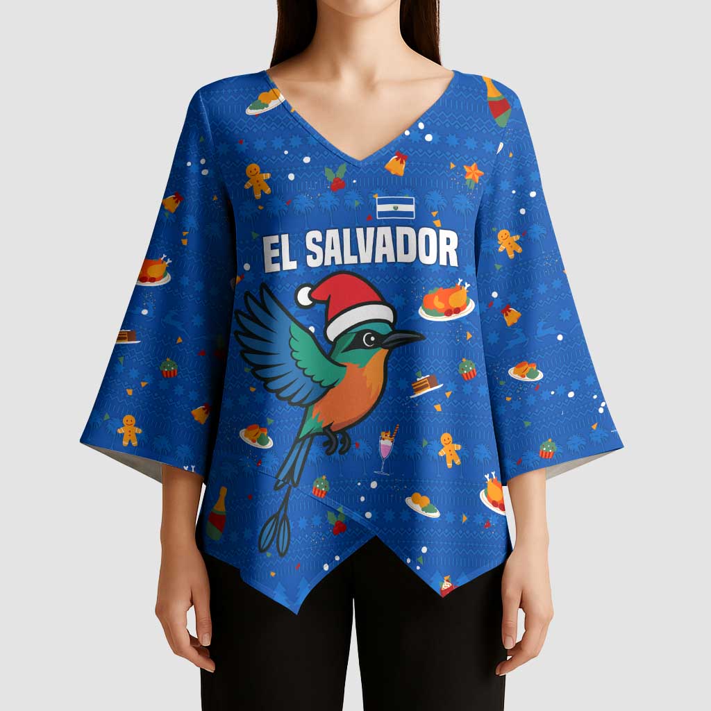 El Salvador Christmas Kimono Sleeve Blouse with Santa Hat Motmot Bird Traditional Foods and Blue Festive Pattern Design - Wonder Print Shop