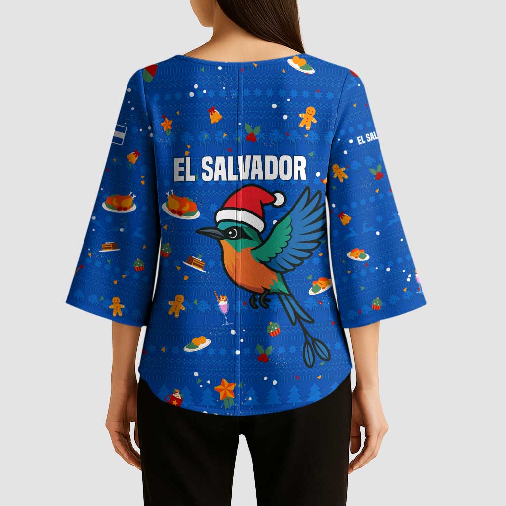 El Salvador Christmas Kimono Sleeve Blouse with Santa Hat Motmot Bird Traditional Foods and Blue Festive Pattern Design - Wonder Print Shop