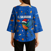 El Salvador Christmas Kimono Sleeve Blouse with Santa Hat Motmot Bird Traditional Foods and Blue Festive Pattern Design - Wonder Print Shop