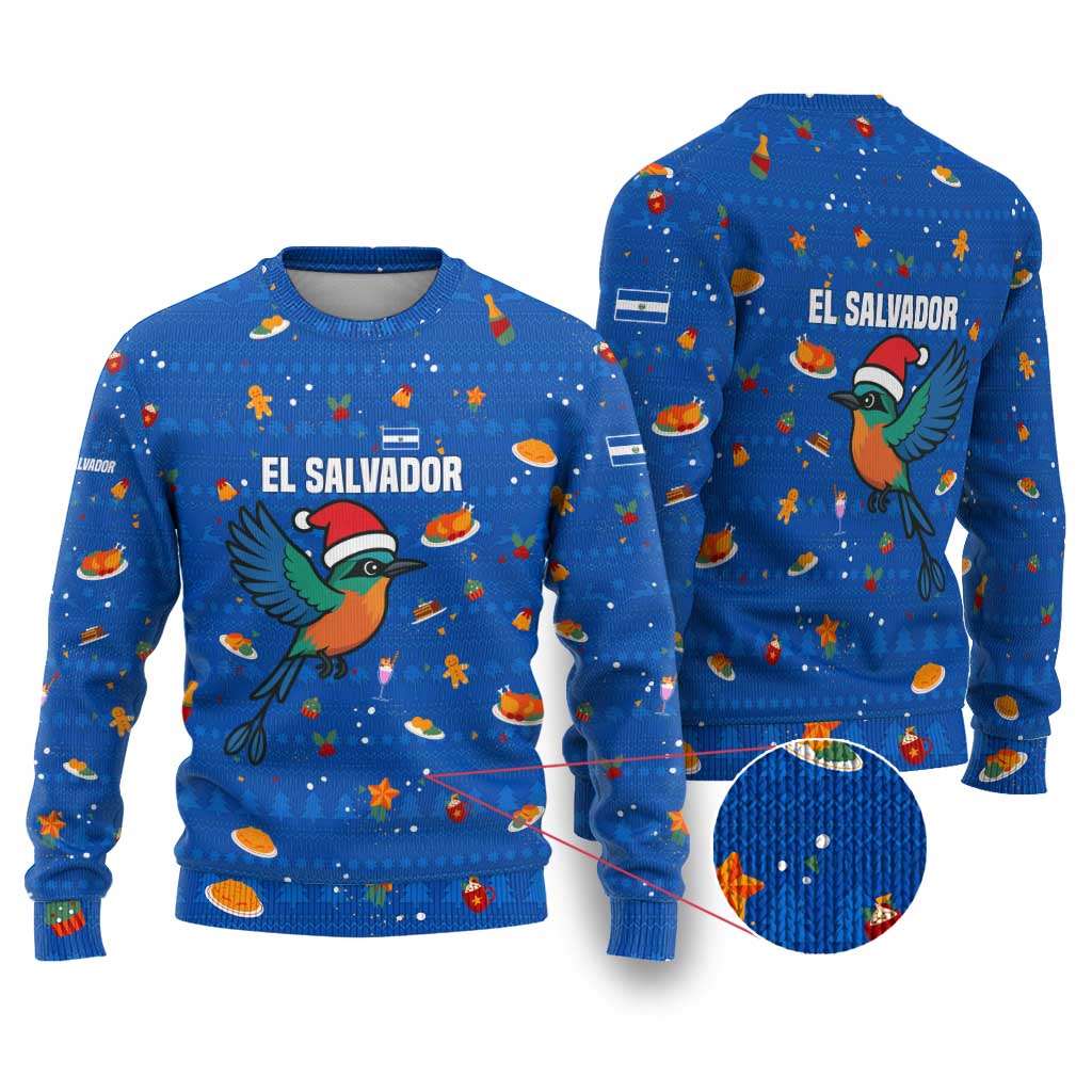 El Salvador Christmas Ugly Christmas Sweater with Santa Hat Motmot Bird Traditional Foods and Blue Festive Pattern Design - Wonder Print Shop