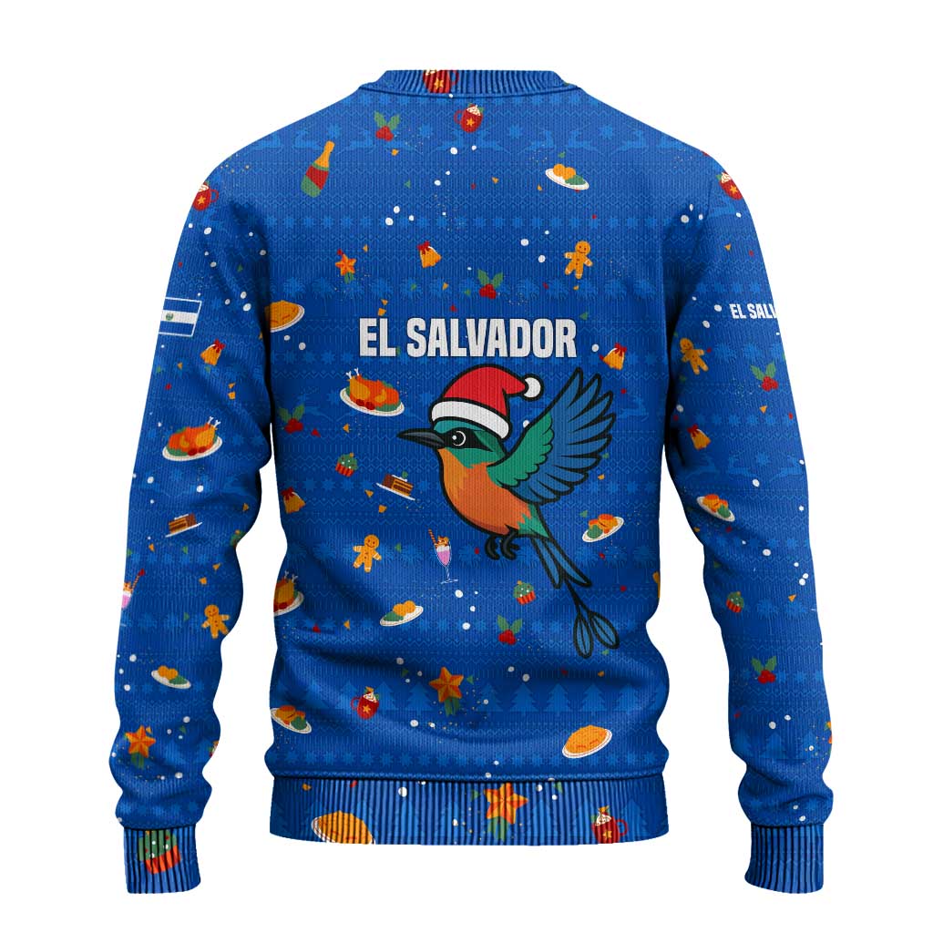 El Salvador Christmas Ugly Christmas Sweater with Santa Hat Motmot Bird Traditional Foods and Blue Festive Pattern Design - Wonder Print Shop