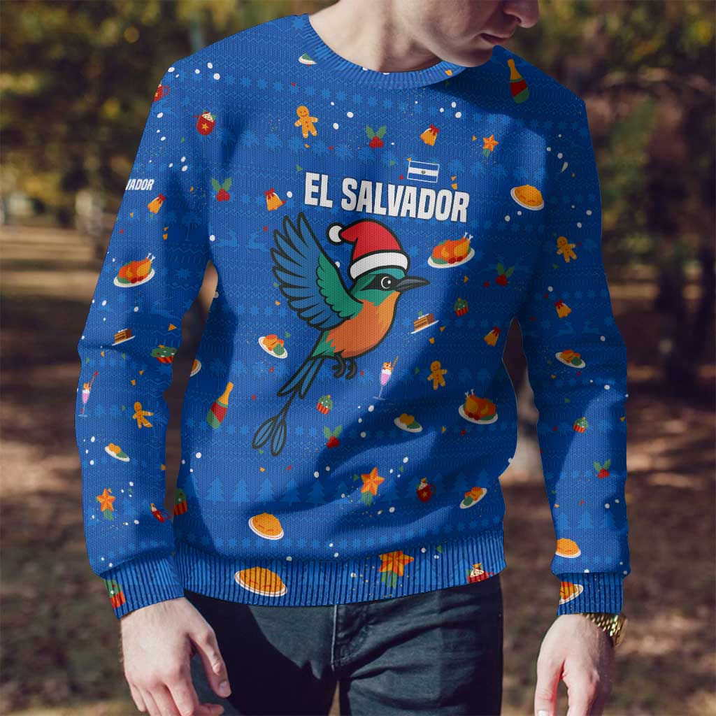 El Salvador Christmas Ugly Christmas Sweater with Santa Hat Motmot Bird Traditional Foods and Blue Festive Pattern Design - Wonder Print Shop