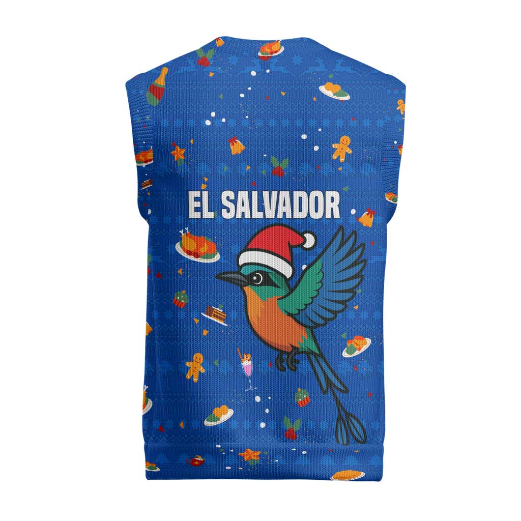 El Salvador Christmas Knitted V-Neck Vest with Santa Hat Motmot Bird Traditional Foods and Blue Festive Pattern Design - Wonder Print Shop
