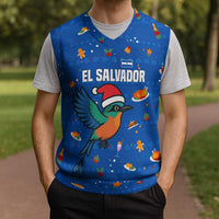 El Salvador Christmas Knitted V-Neck Vest with Santa Hat Motmot Bird Traditional Foods and Blue Festive Pattern Design - Wonder Print Shop