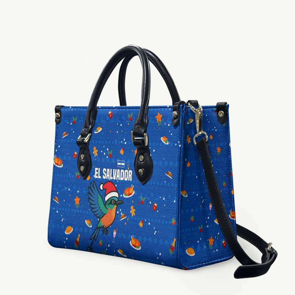 El Salvador Christmas Leather Bag with Santa Hat Motmot Bird Traditional Foods and Blue Festive Pattern Design - Wonder Print Shop