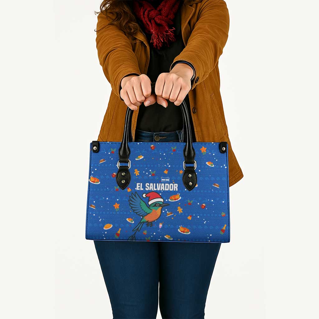 El Salvador Christmas Leather Bag with Santa Hat Motmot Bird Traditional Foods and Blue Festive Pattern Design - Wonder Print Shop