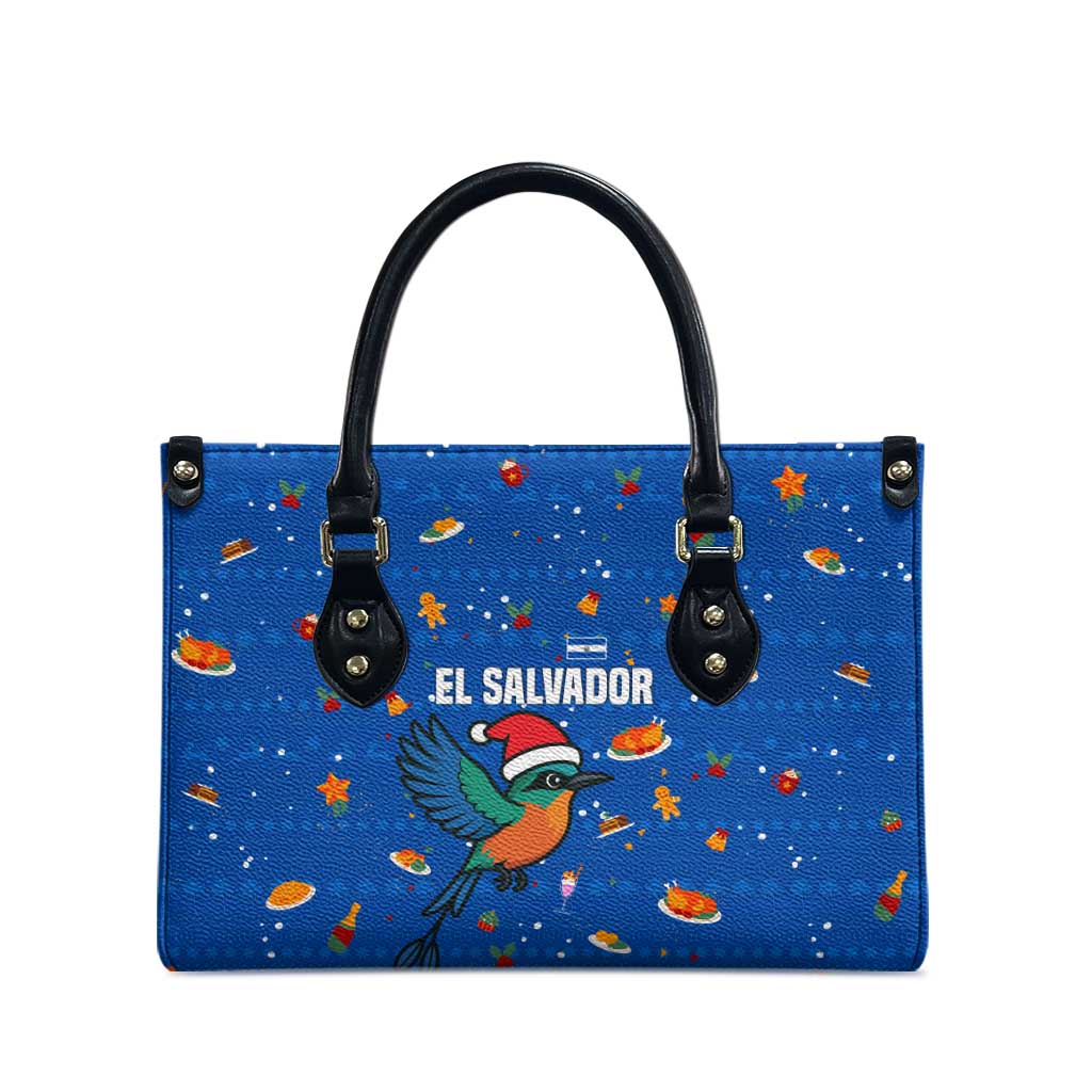 El Salvador Christmas Leather Bag with Santa Hat Motmot Bird Traditional Foods and Blue Festive Pattern Design - Wonder Print Shop