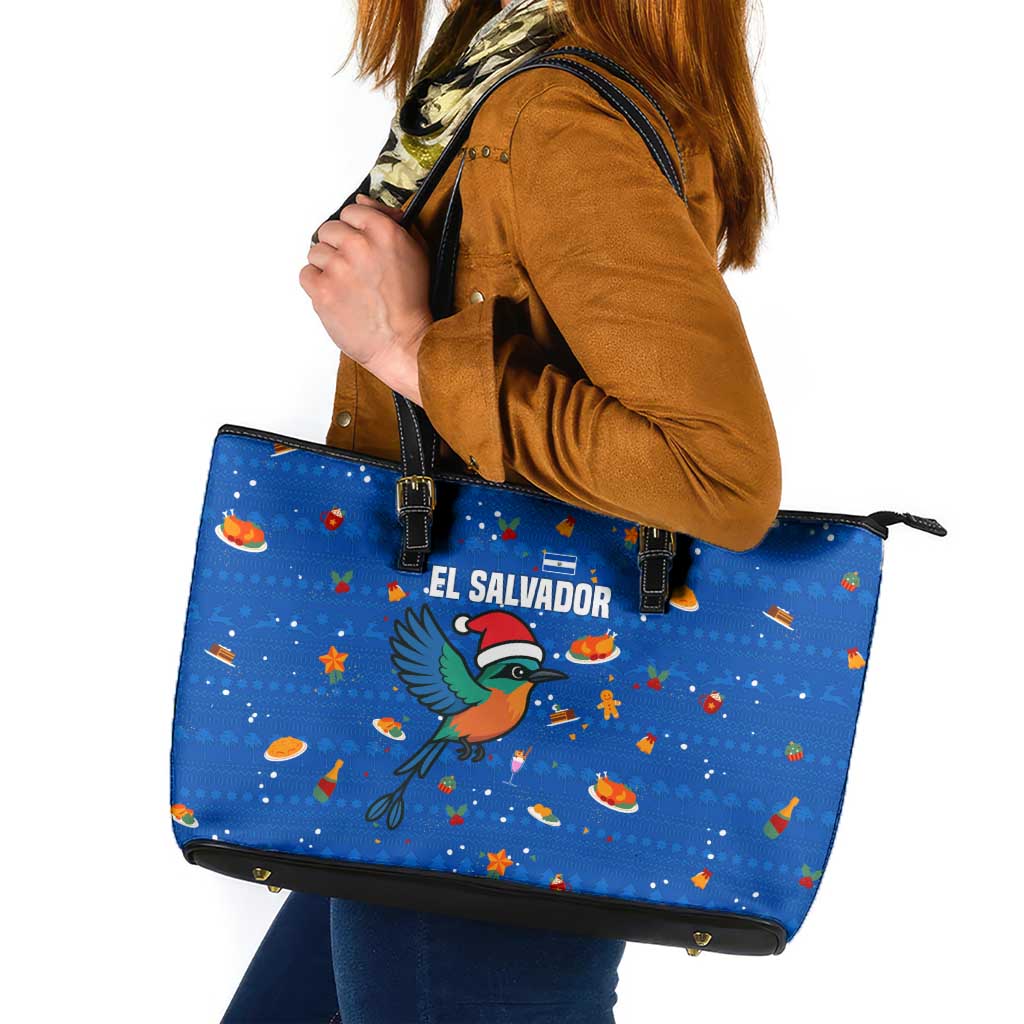 El Salvador Christmas Leather Tote Bag with Santa Hat Motmot Bird Traditional Foods and Blue Festive Pattern Design - Wonder Print Shop