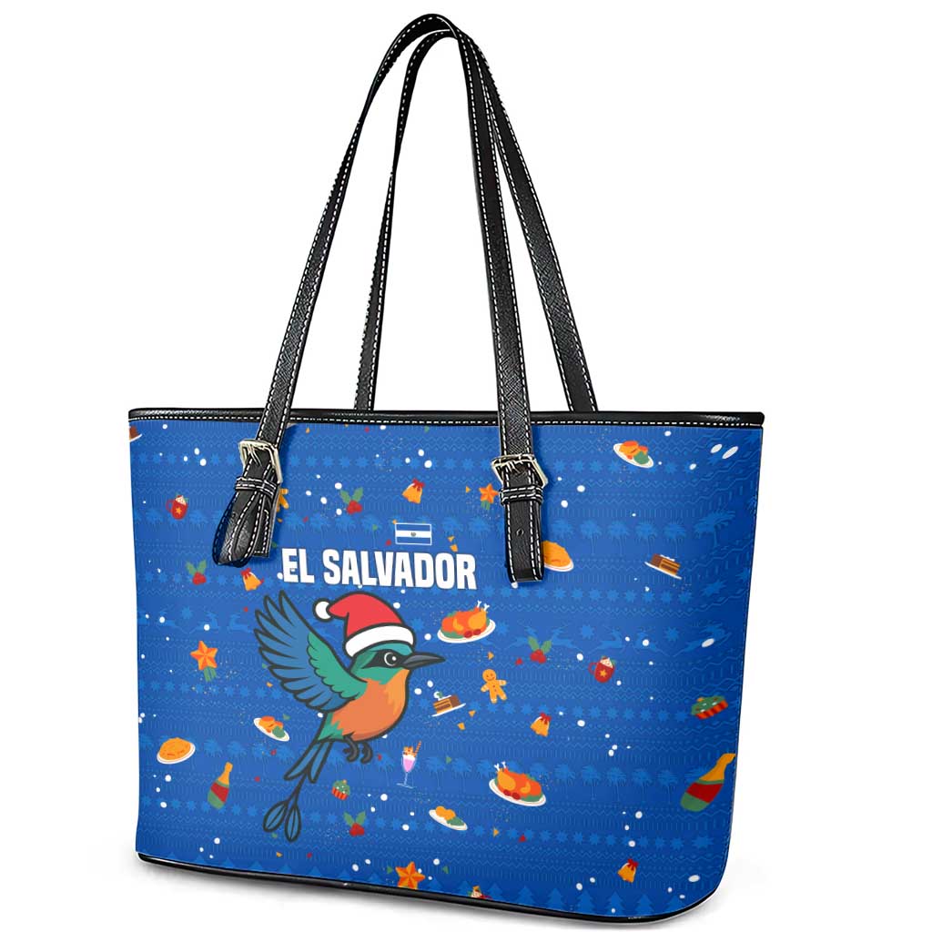 El Salvador Christmas Leather Tote Bag with Santa Hat Motmot Bird Traditional Foods and Blue Festive Pattern Design - Wonder Print Shop
