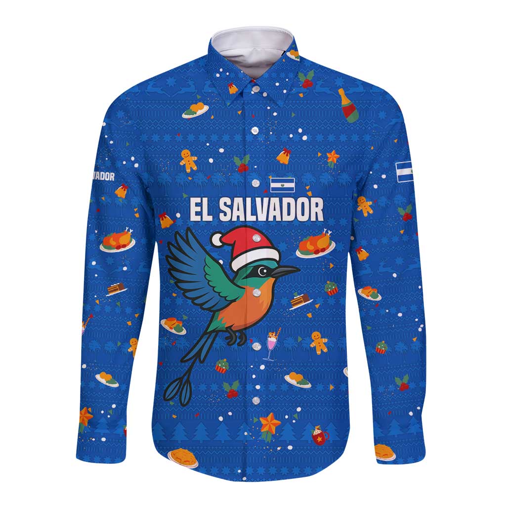 El Salvador Christmas Long Sleeve Button Shirt with Santa Hat Motmot Bird Traditional Foods and Blue Festive Pattern Design - Wonder Print Shop