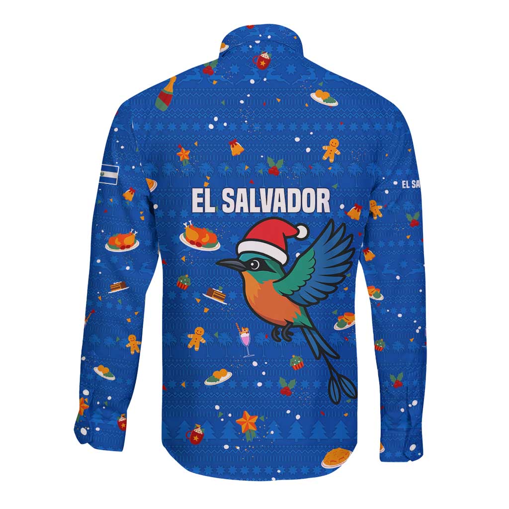 El Salvador Christmas Long Sleeve Button Shirt with Santa Hat Motmot Bird Traditional Foods and Blue Festive Pattern Design - Wonder Print Shop