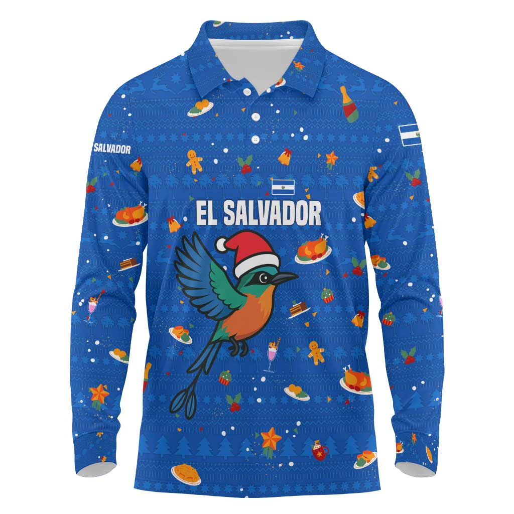 El Salvador Christmas Long Sleeve Polo Shirt with Santa Hat Motmot Bird Traditional Foods and Blue Festive Pattern Design - Wonder Print Shop