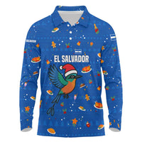 El Salvador Christmas Long Sleeve Polo Shirt with Santa Hat Motmot Bird Traditional Foods and Blue Festive Pattern Design - Wonder Print Shop