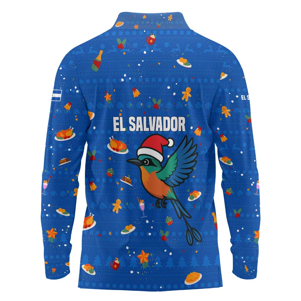 El Salvador Christmas Long Sleeve Polo Shirt with Santa Hat Motmot Bird Traditional Foods and Blue Festive Pattern Design - Wonder Print Shop