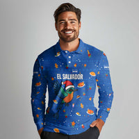 El Salvador Christmas Long Sleeve Polo Shirt with Santa Hat Motmot Bird Traditional Foods and Blue Festive Pattern Design - Wonder Print Shop