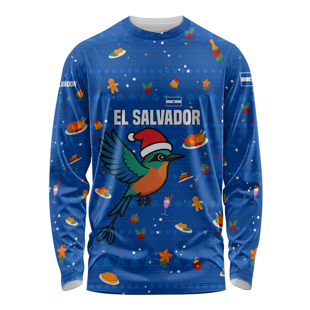El Salvador Christmas Long Sleeve Shirt with Santa Hat Motmot Bird Traditional Foods and Blue Festive Pattern Design - Wonder Print Shop
