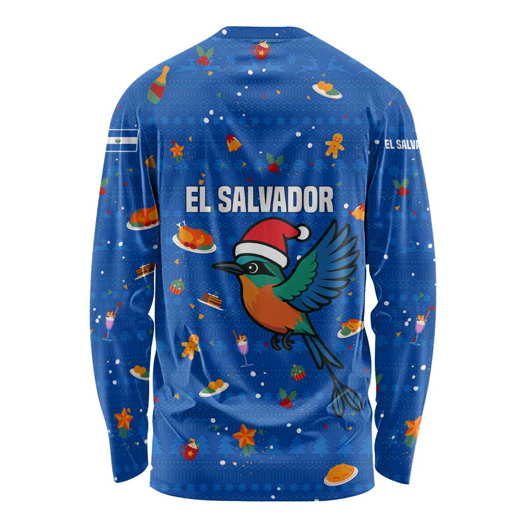 El Salvador Christmas Long Sleeve Shirt with Santa Hat Motmot Bird Traditional Foods and Blue Festive Pattern Design - Wonder Print Shop