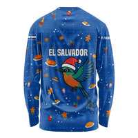 El Salvador Christmas Long Sleeve Shirt with Santa Hat Motmot Bird Traditional Foods and Blue Festive Pattern Design - Wonder Print Shop