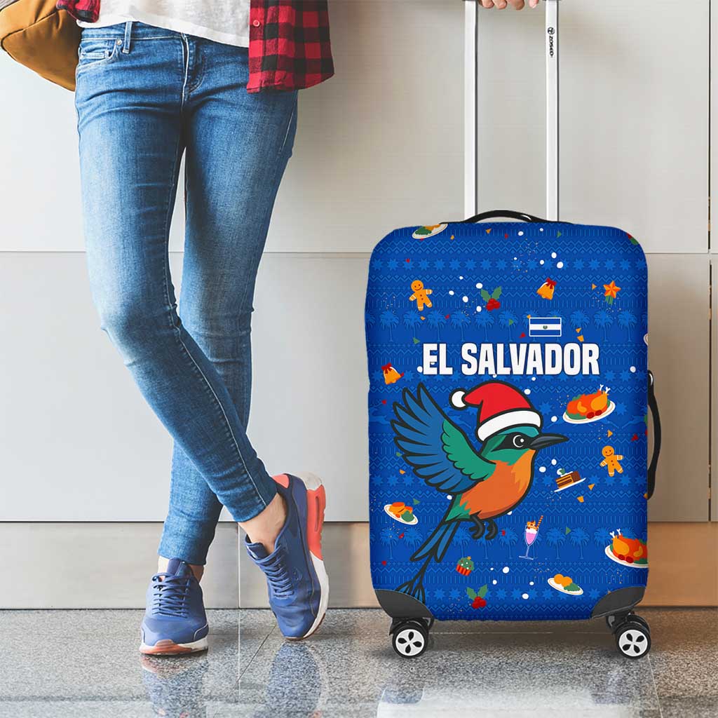 El Salvador Christmas Luggage Cover with Santa Hat Motmot Bird Traditional Foods and Blue Festive Pattern Design - Wonder Print Shop