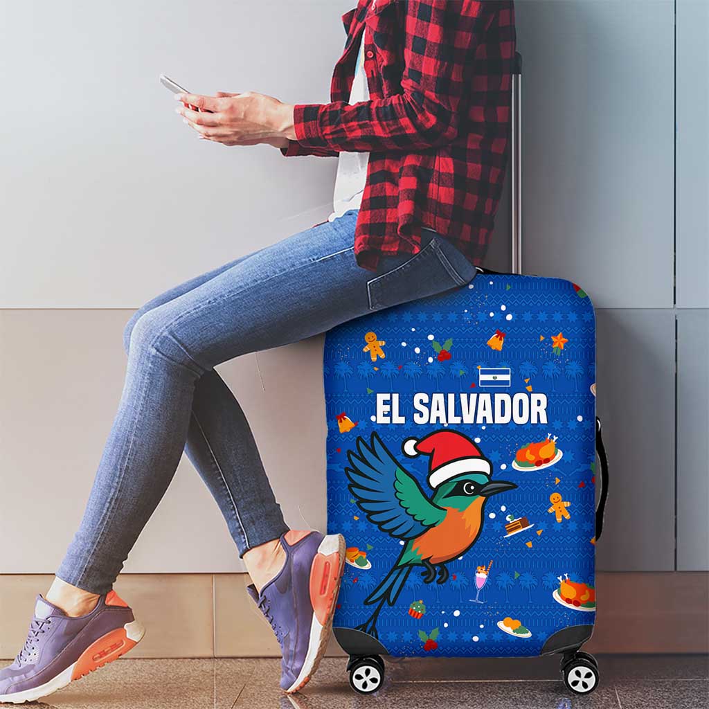 El Salvador Christmas Luggage Cover with Santa Hat Motmot Bird Traditional Foods and Blue Festive Pattern Design - Wonder Print Shop