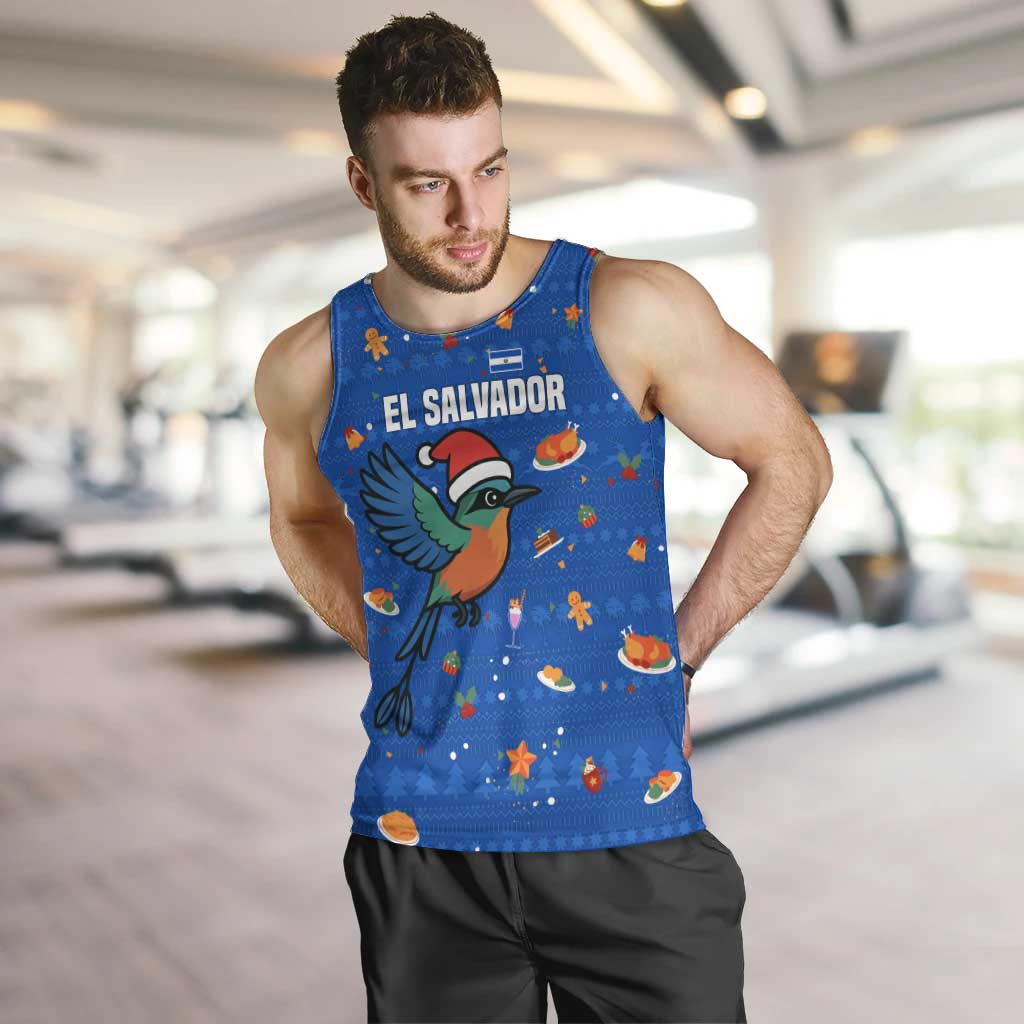 El Salvador Christmas Men Tank Top with Santa Hat Motmot Bird Traditional Foods and Blue Festive Pattern Design - Wonder Print Shop