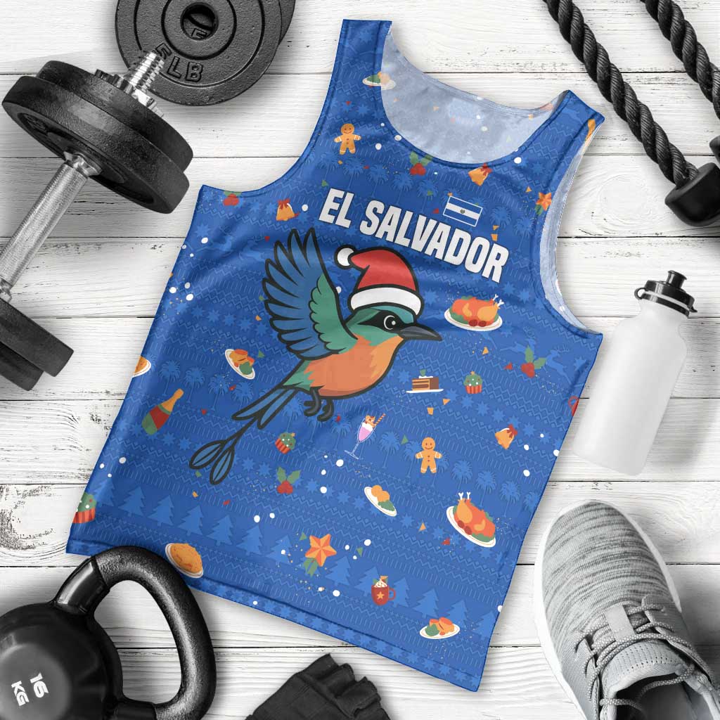 El Salvador Christmas Men Tank Top with Santa Hat Motmot Bird Traditional Foods and Blue Festive Pattern Design - Wonder Print Shop