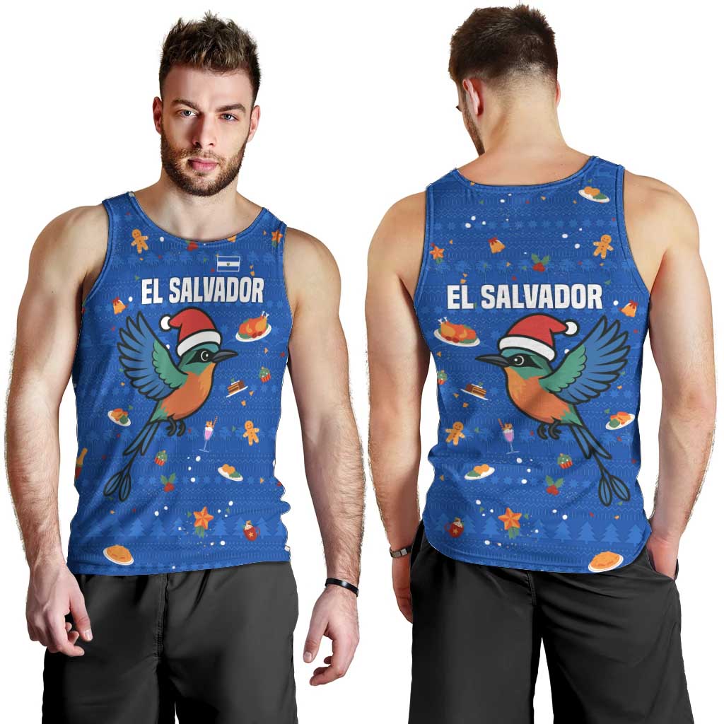 El Salvador Christmas Men Tank Top with Santa Hat Motmot Bird Traditional Foods and Blue Festive Pattern Design - Wonder Print Shop