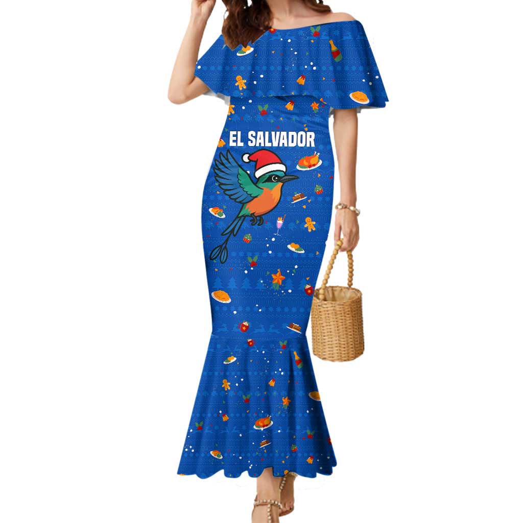 El Salvador Christmas Mermaid Dress with Santa Hat Motmot Bird Traditional Foods and Blue Festive Pattern Design - Wonder Print Shop