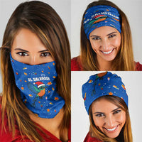 El Salvador Christmas Neck Gaiter with Santa Hat Motmot Bird Traditional Foods and Blue Festive Pattern Design - Wonder Print Shop