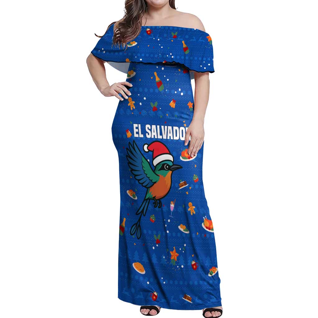 El Salvador Christmas Off Shoulder Maxi Dress with Santa Hat Motmot Bird Traditional Foods and Blue Festive Pattern Design - Wonder Print Shop