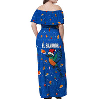 El Salvador Christmas Off Shoulder Maxi Dress with Santa Hat Motmot Bird Traditional Foods and Blue Festive Pattern Design - Wonder Print Shop