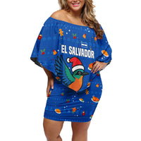 El Salvador Christmas Off Shoulder Short Dress with Santa Hat Motmot Bird Traditional Foods and Blue Festive Pattern Design - Wonder Print Shop