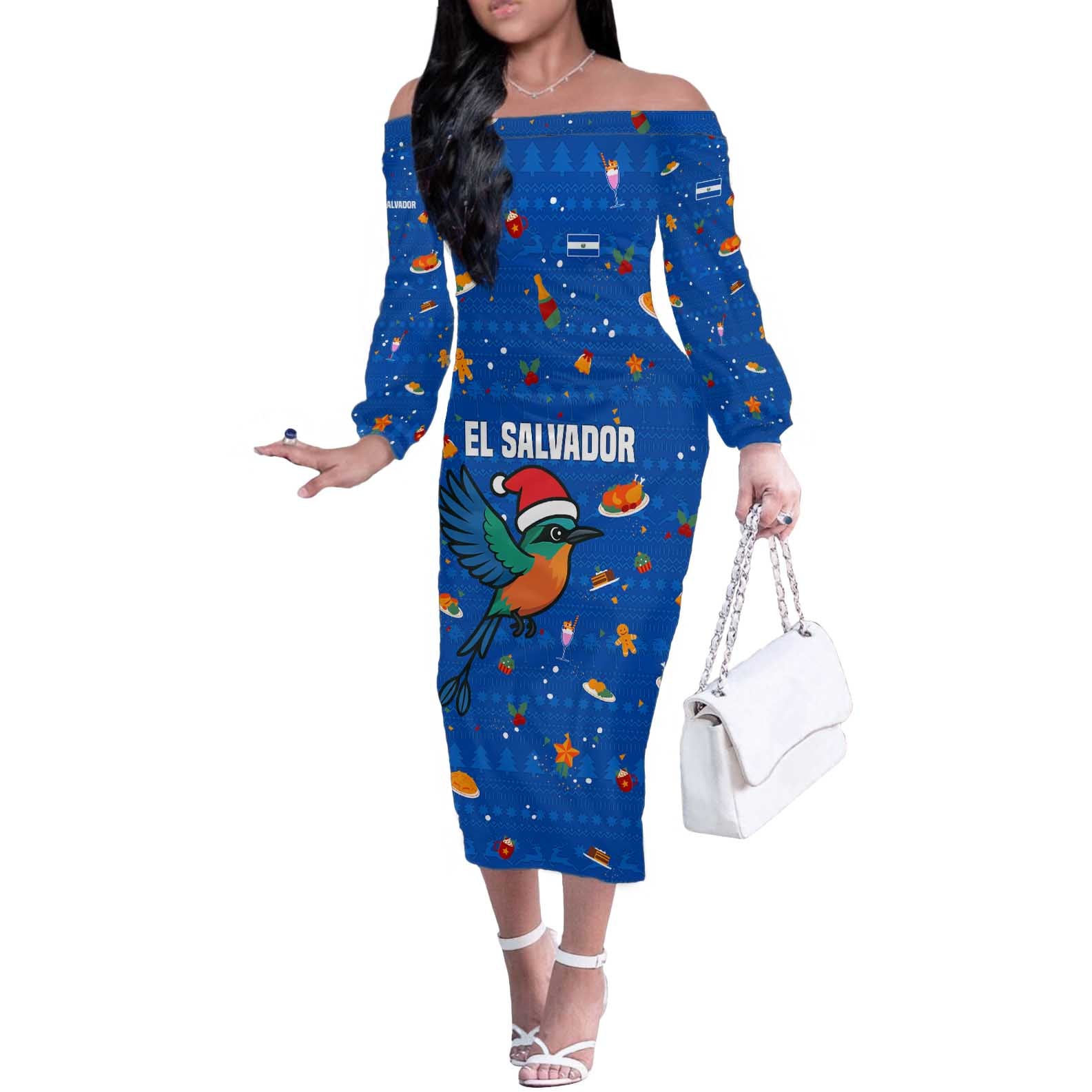 El Salvador Christmas Off The Shoulder Long Sleeve Dress with Santa Hat Motmot Bird Traditional Foods and Blue Festive Pattern Design - Wonder Print Shop