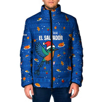 El Salvador Christmas Padded Jacket with Santa Hat Motmot Bird Traditional Foods and Blue Festive Pattern Design - Wonder Print Shop