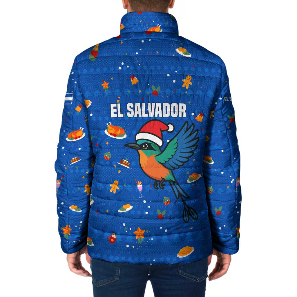 El Salvador Christmas Padded Jacket with Santa Hat Motmot Bird Traditional Foods and Blue Festive Pattern Design - Wonder Print Shop